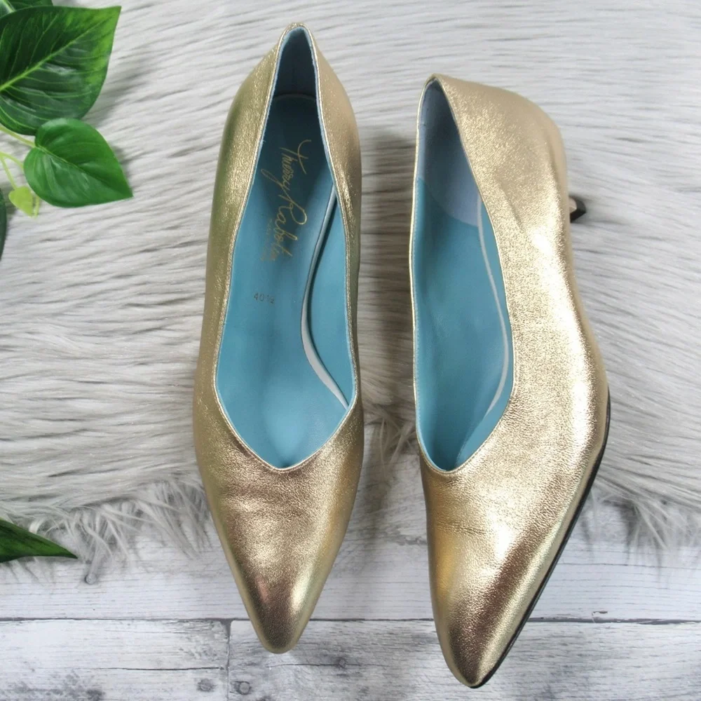 THIERRY RABOTIN Gold Napa Pointed Toe Kitten Heel Pumps Women's 40.5 US Size 10